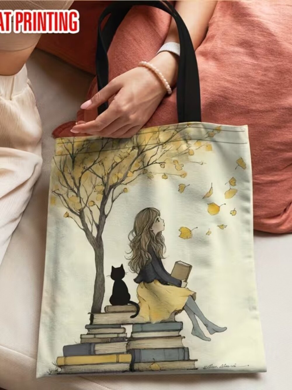 βA Girl, A Cat & Her Booksβ Canvas Shopping Tote Bag (BRAND-NEW & SO CUTE!) - Picture 5 of 7